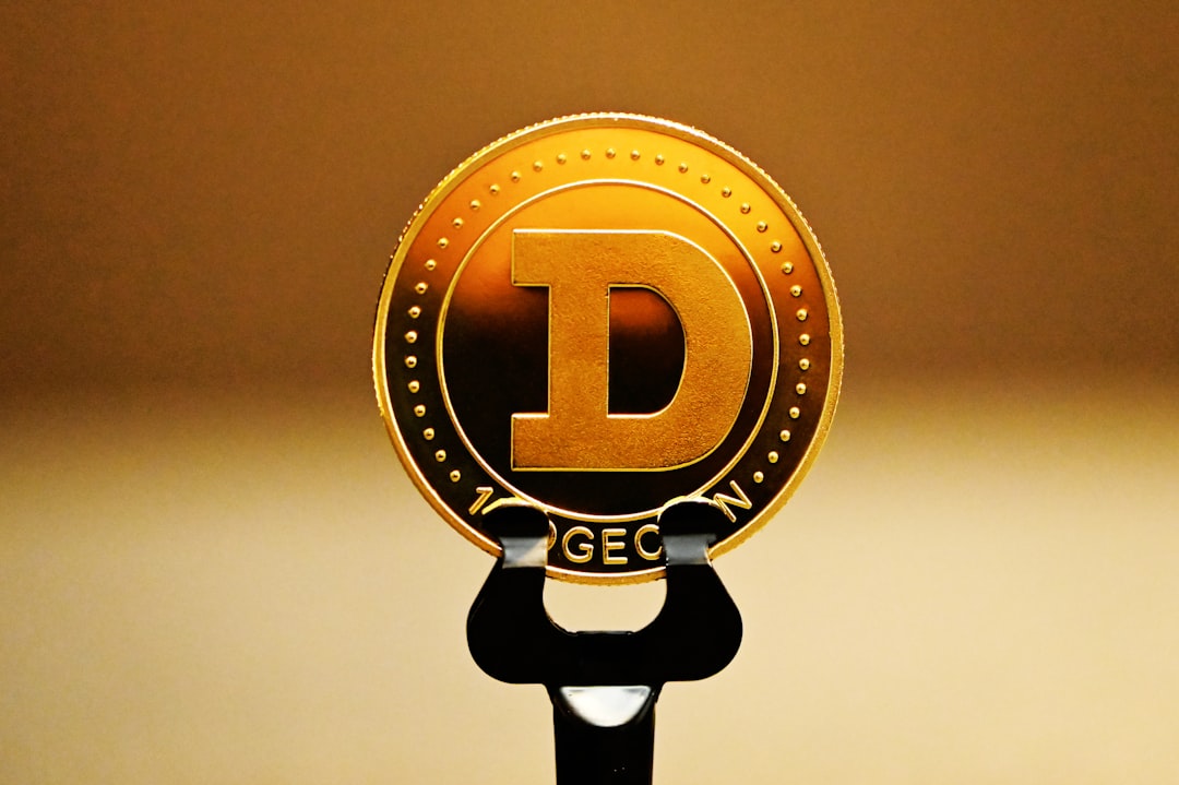 A Dogecoin on a stand reflecting light.